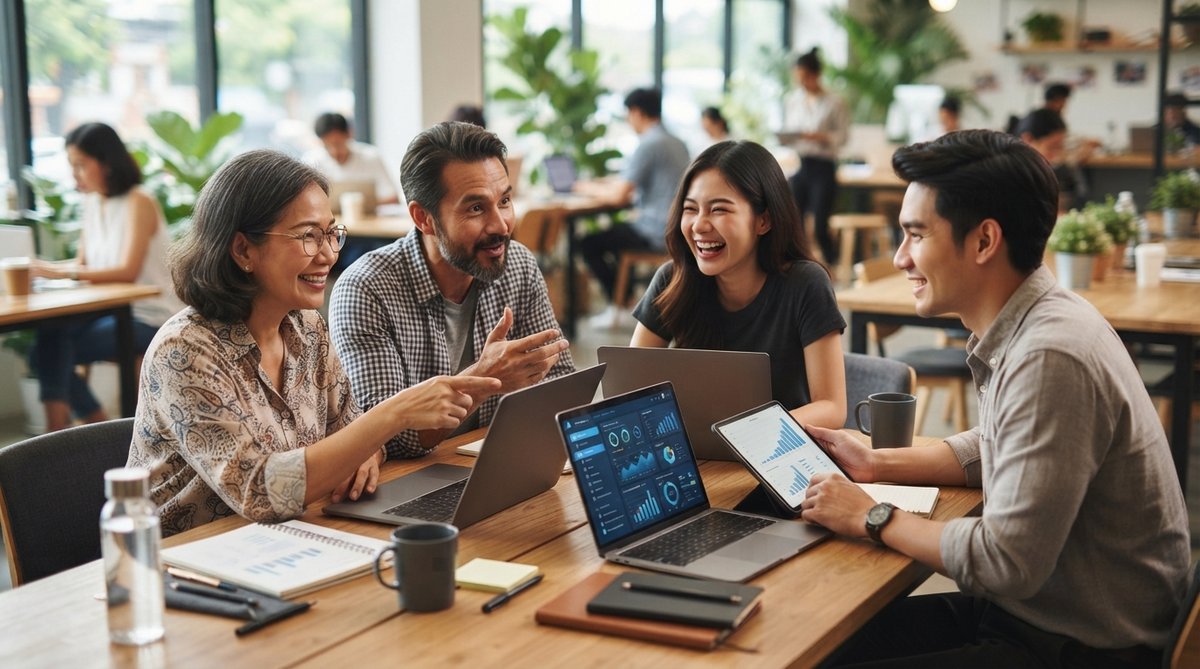 กลุ่มคนไทยหลากหลายวัยร่วมมือกันใน Co-working Space ใช้ AI เพื่อเรียนรู้ สร้างโอกาสทางธุรกิจและเติบโตไปด้วยกัน.