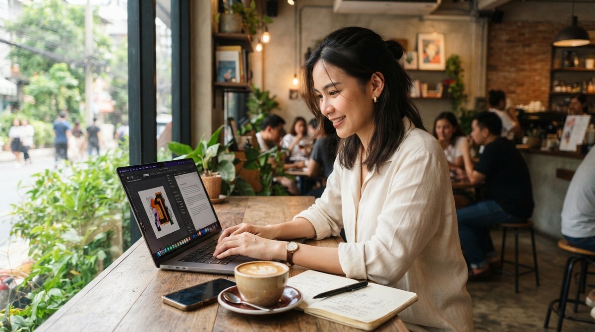 หญิงไทยทำงานในคาเฟ่ ใช้แล็ปท็อปสร้างสรรค์คอนเทนต์ด้วย AI ทั้งภาพและบทความ ในบรรยากาศสบายๆ.