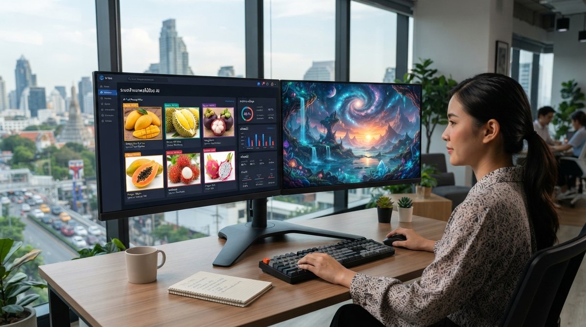 จอคู่ในสำนักงานแสดง AI กำลังจำแนกผลไม้ไทย (ซ้าย) และ Generative AI สร้างภาพทิวทัศน์ใหม่ (ขวา).
