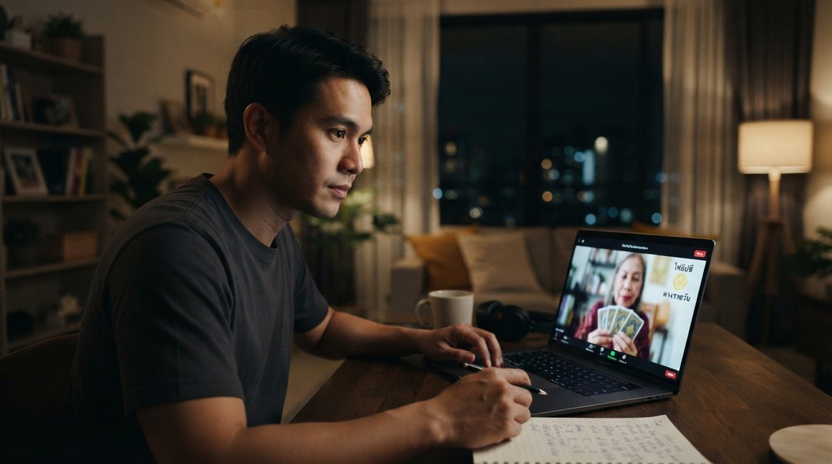 ชายไทยกำลังปรึกษาหมอดูออนไลน์อย่างตั้งใจผ่านแล็ปท็อปในห้องนั่งเล่นส่วนตัวยามค่ำคืน