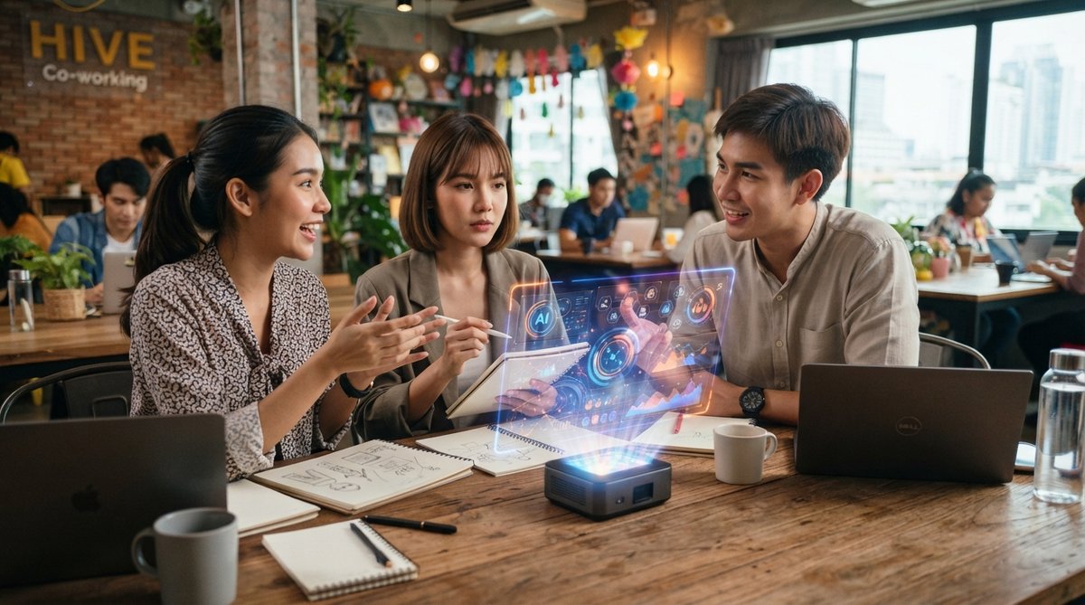 ผู้ประกอบการชาวไทยระดมสมองด้วย AI ใน Co-working Space แสดงการใช้เทคโนโลยีเพื่อสร้างนวัตกรรม