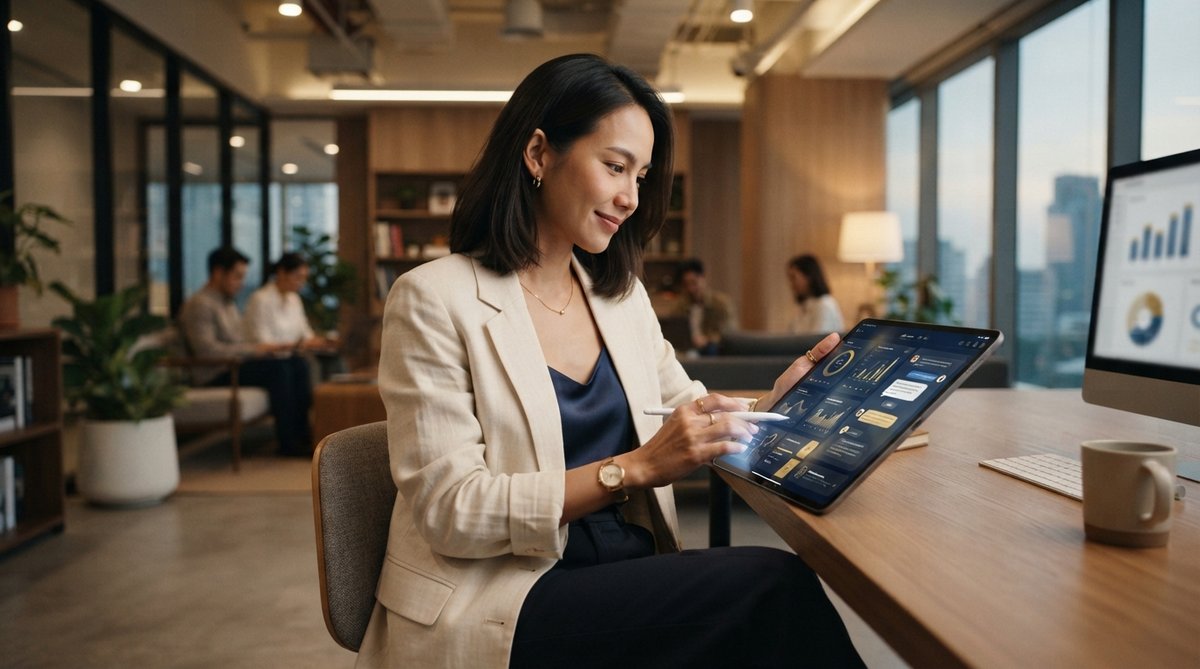 หญิงสาวชาวไทยใช้ AI อย่างมั่นใจบนแท็บเล็ตในสภาพแวดล้อมทันสมัย เตรียมพร้อมสำหรับปี 2026