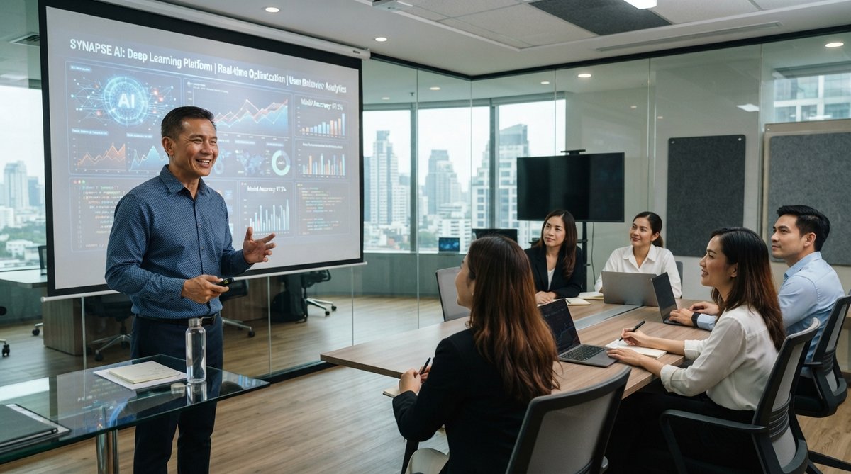 ชายไทยนำเสนอผลิตภัณฑ์ AI ที่พัฒนาเองในห้องประชุม สื่อถึงการสร้างรายได้จากนวัตกรรม AI