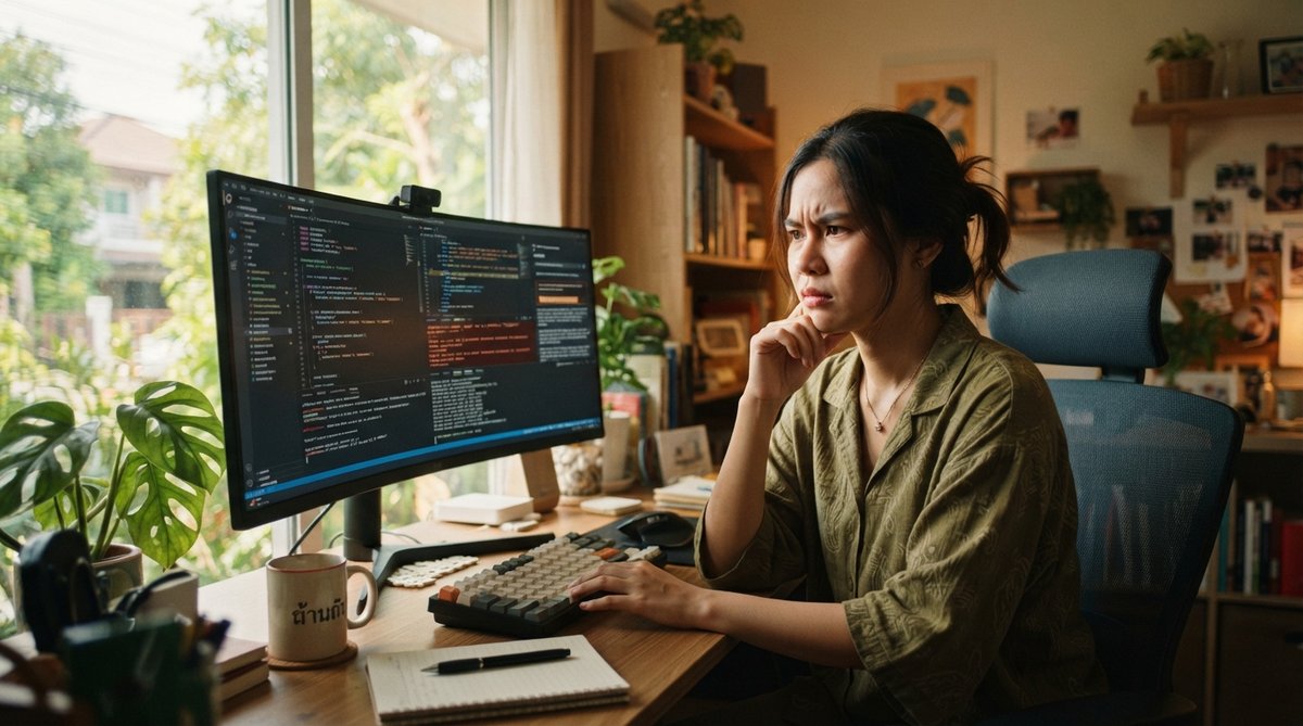 หญิงไทยกำลังเผชิญความท้าทายกับการใช้ AI ภาษาอังกฤษบนหน้าจอคอมพิวเตอร์