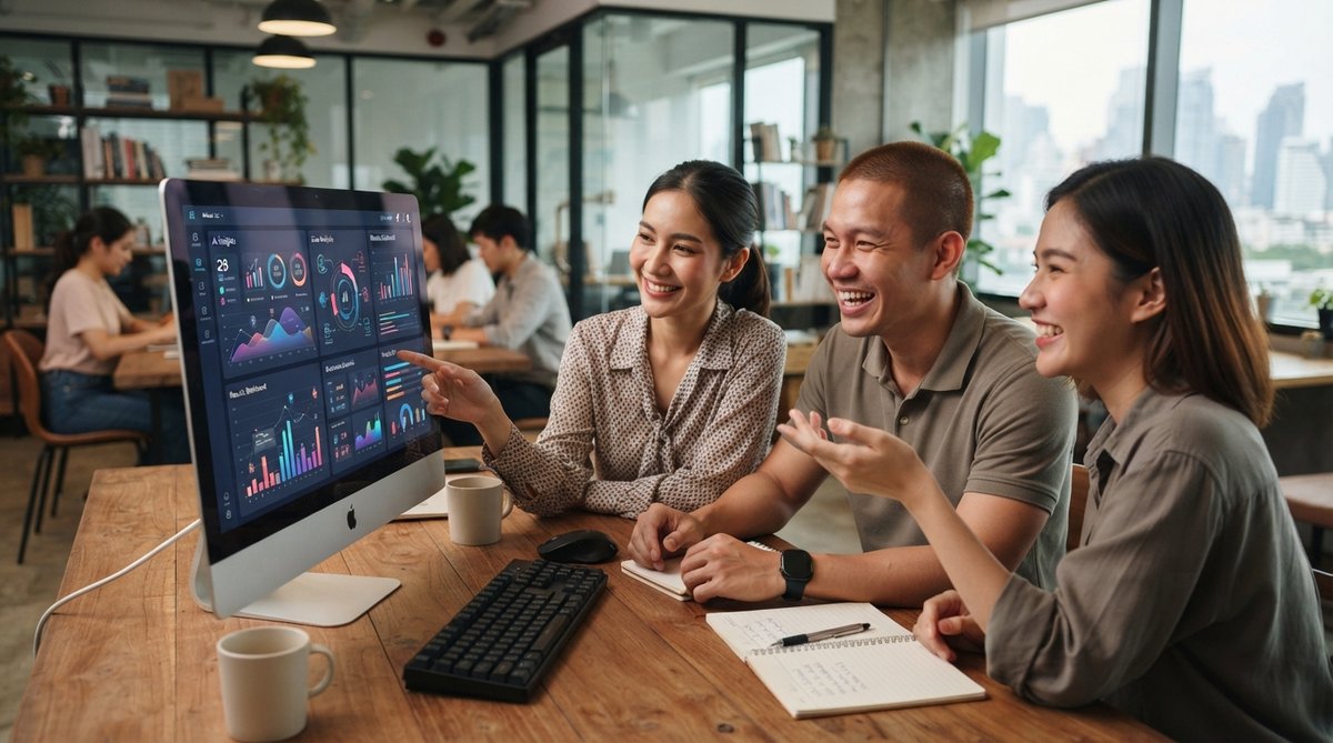 เพื่อนร่วมงานชาวไทยกำลังใช้ AI ภาษาไทยเพื่อทำงานร่วมกันอย่างมีความสุข