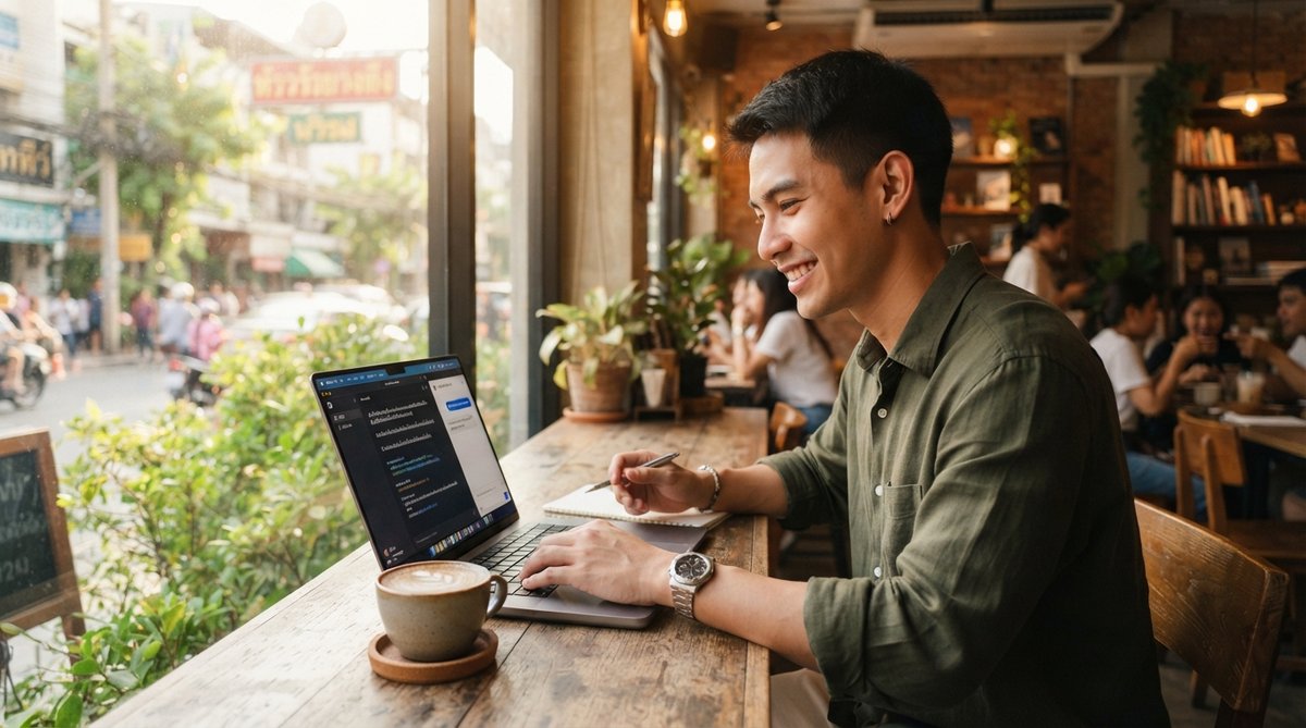 ชายไทยในร้านกาแฟกำลังใช้ AI ภาษาไทยบนแล็ปท็อปอย่างสบายใจ