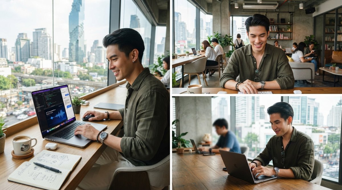 ฟรีแลนซ์ชาวไทยกำลังทำงานอย่างมั่นใจและมีประสิทธิภาพด้วยเครื่องมือ AI ภาษาไทยที่ช่วยให้งานราบรื่น
